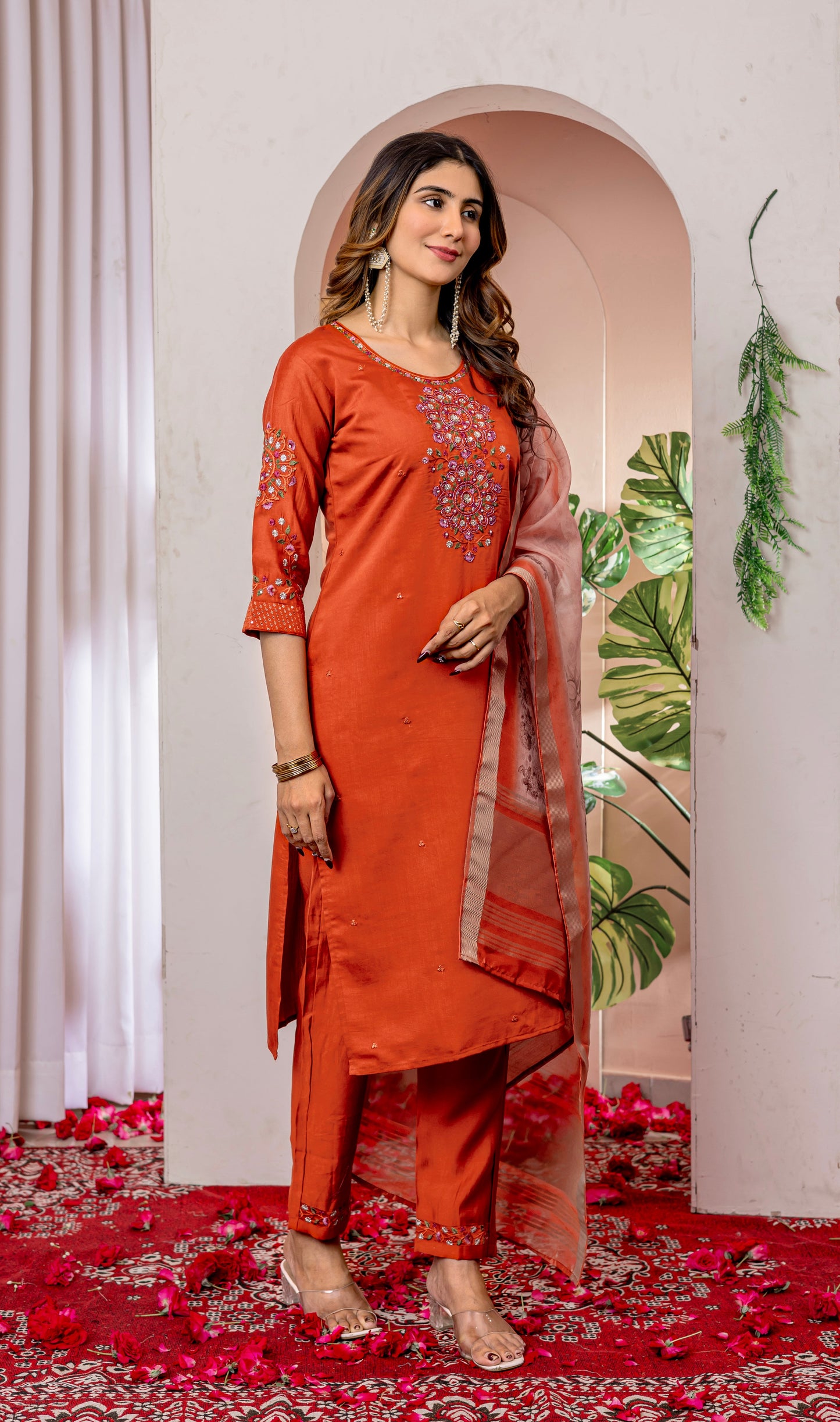 Vibrant Orange Embroidered Viscose Silk Suit Set with Printed Chanderi Dupatta