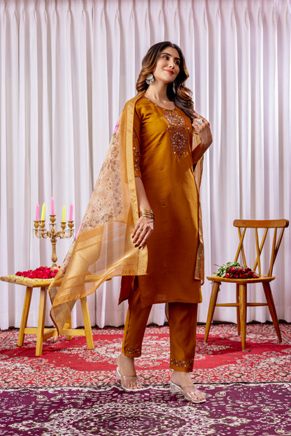 Mustard Yellow Embroidered Viscose Silk Suit Set with Printed Chanderi Dupatta
