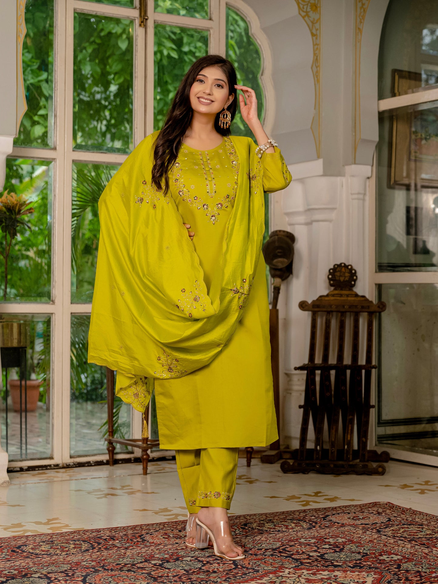 Mustard Yellow Embroidered Marina Silk Suit Set with Maslin Dupatta