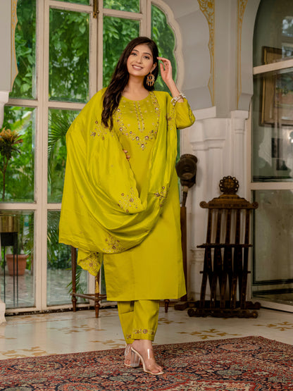 Mustard Yellow Embroidered Marina Silk Suit Set with Maslin Dupatta