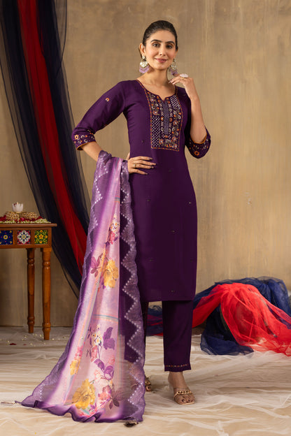 Deep Purple Embroidered Roman Silk Suit Set with Floral Mirror