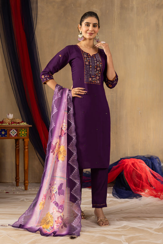 Deep Purple Embroidered Roman Silk Suit Set with Floral Mirror