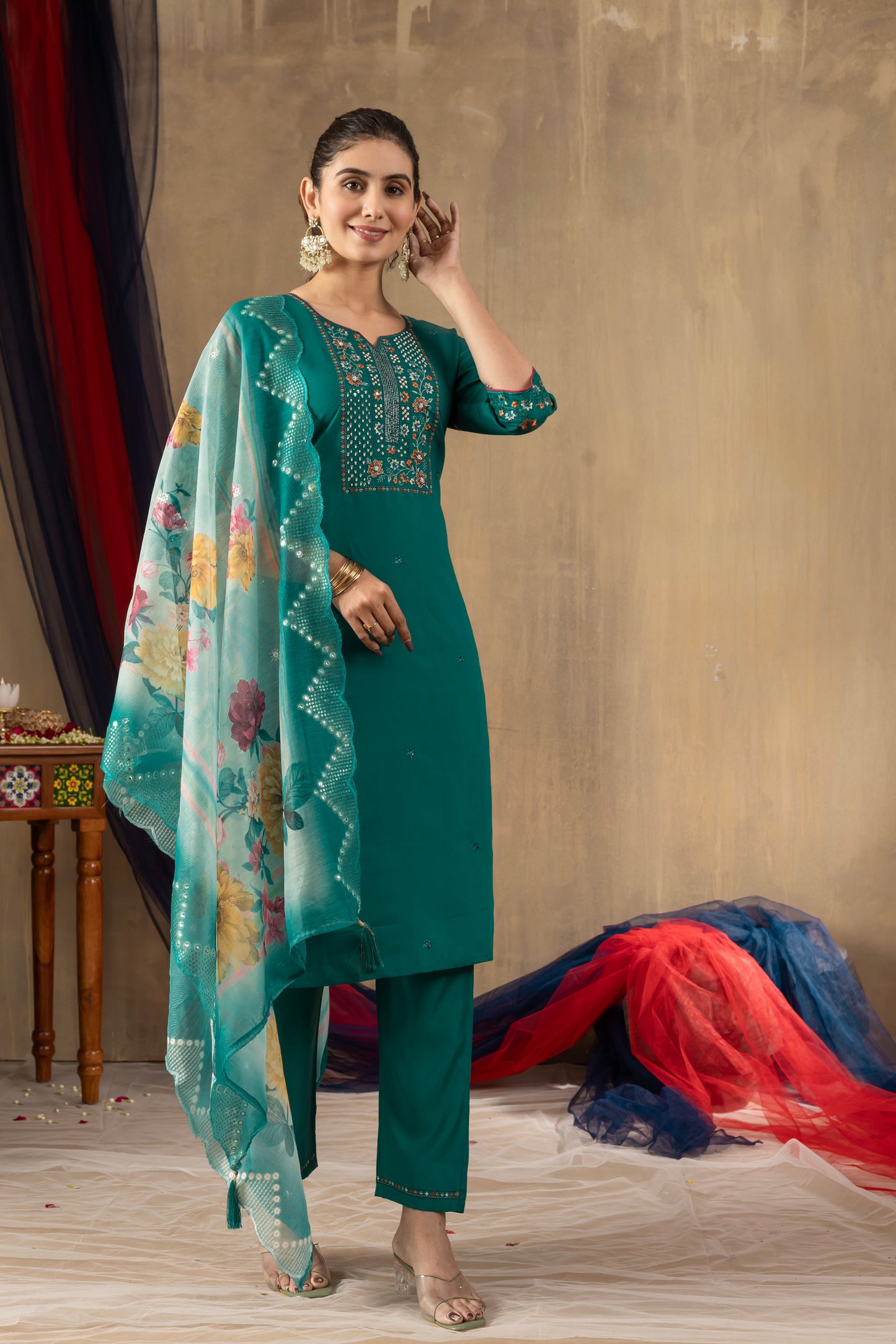 Rama Green Embroidered Roman Silk Suit Set with Floral Mirror-Work Dupatta