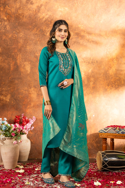 Rama Green Hand Embroidered Marina Silk Suit Set with Viscose Mina Dupatta