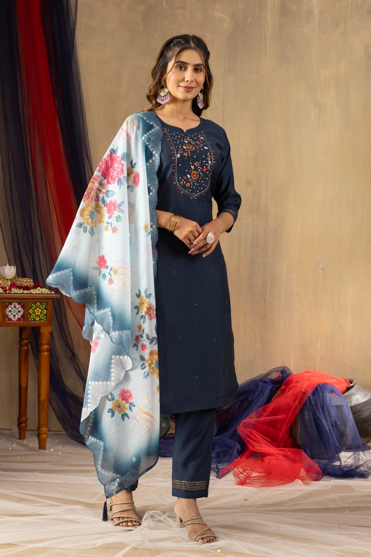 Navy Blue Embroidered Straight Suit Set with Floral Scalloped Dupatta
