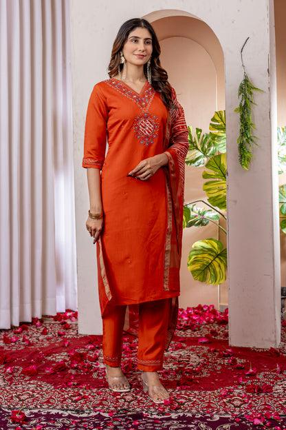 Vibrant Orange V-Neck Marina Viscose Silk Suit Set with Printed Chanderi Dupatta