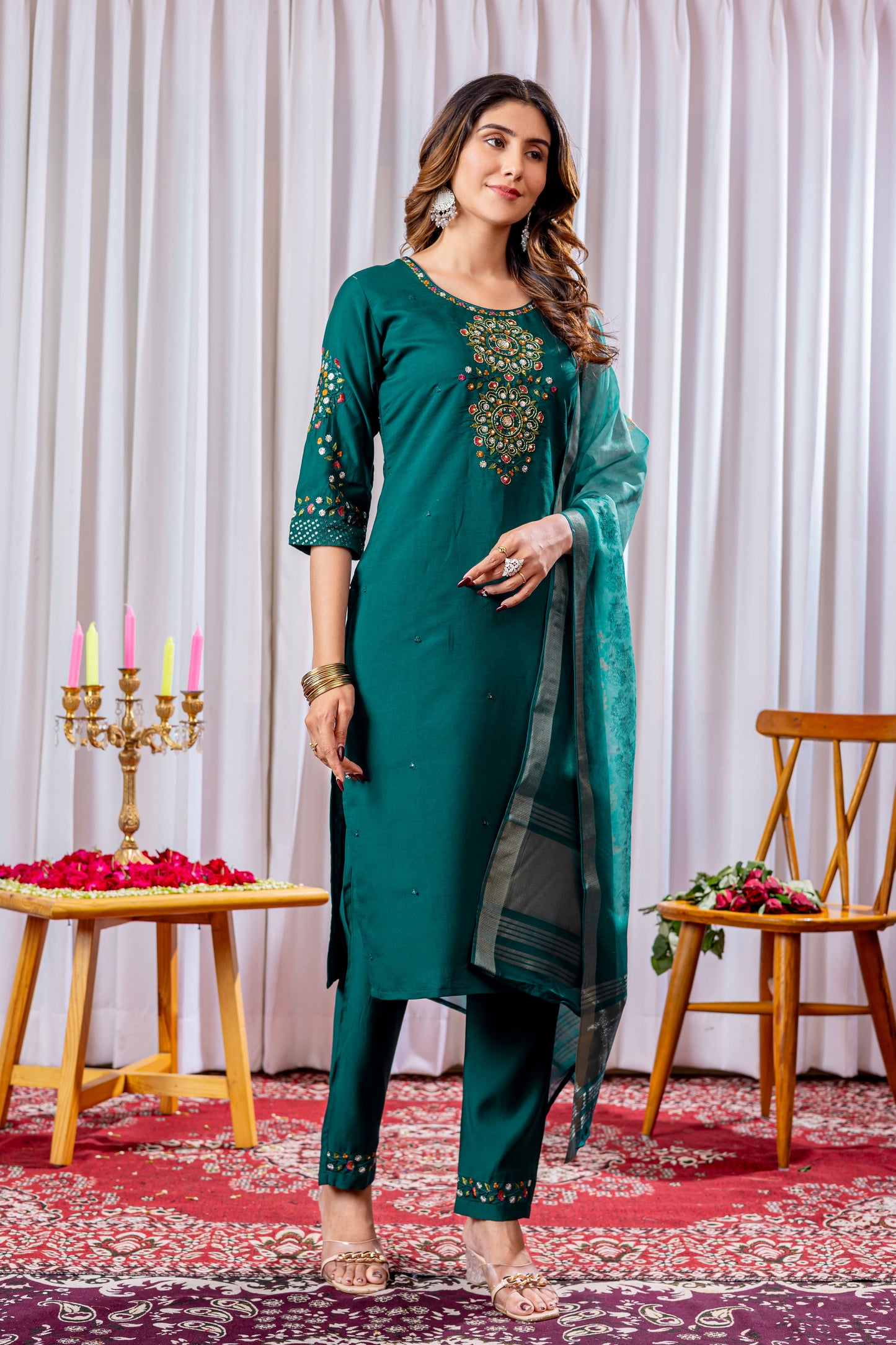 Emerald Green Embroidered Viscose Silk Suit Set with Printed Chanderi Dupatta