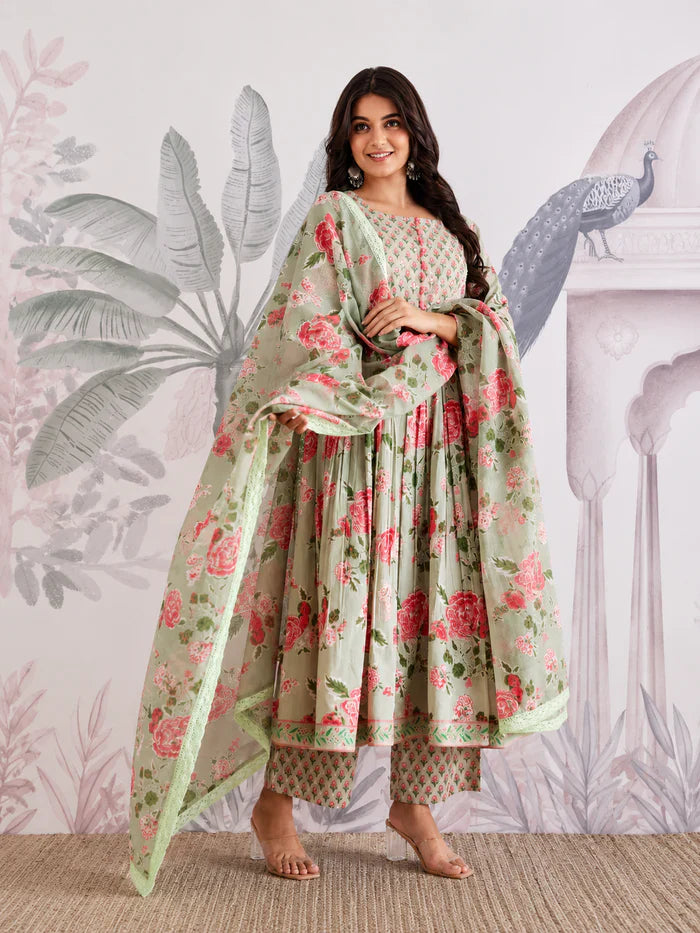 Premium Pista Green Floral Jaipuri Cotton Flared Anarkali Suit Set