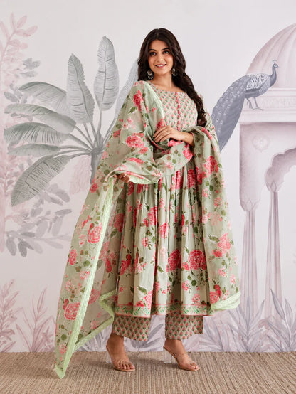 Premium Pista Green Floral Jaipuri Cotton Flared Anarkali Suit Set