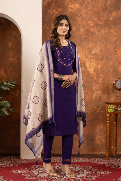 Deep Purple Hand Embroidered Marina Silk Suit Set with Muslin Dupatta