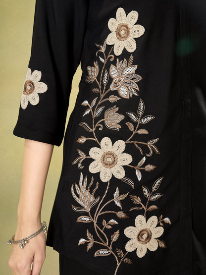 Premium Black Embroidered Heavy Rayon Co-ord Set with Pockets