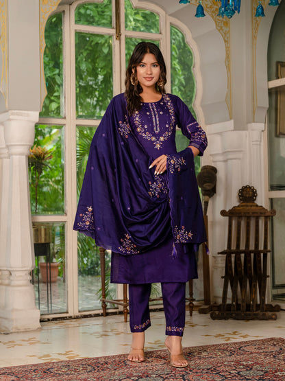 Deep Violet Embroidered Marina Silk Suit Set with Maslin Dupatta