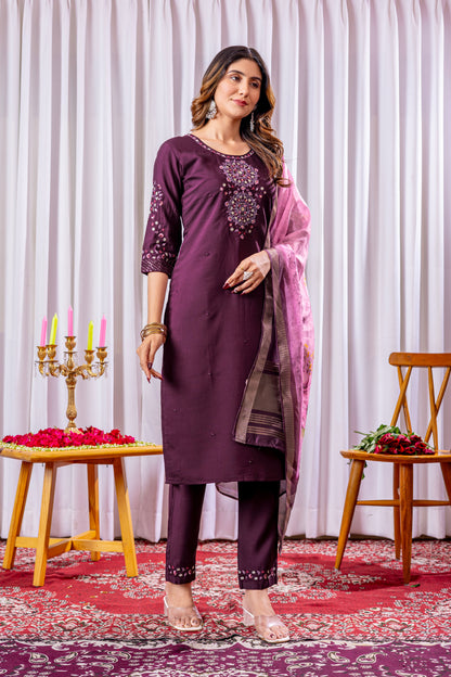 Deep Wine Embroidered Viscose Silk Suit Set with Printed Chanderi Dupatta