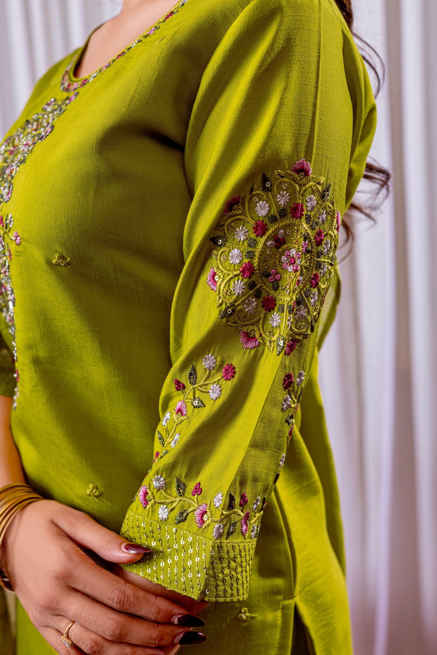 Parrot Green Embroidered Viscose Silk Suit Set with Printed Chanderi Dupatta