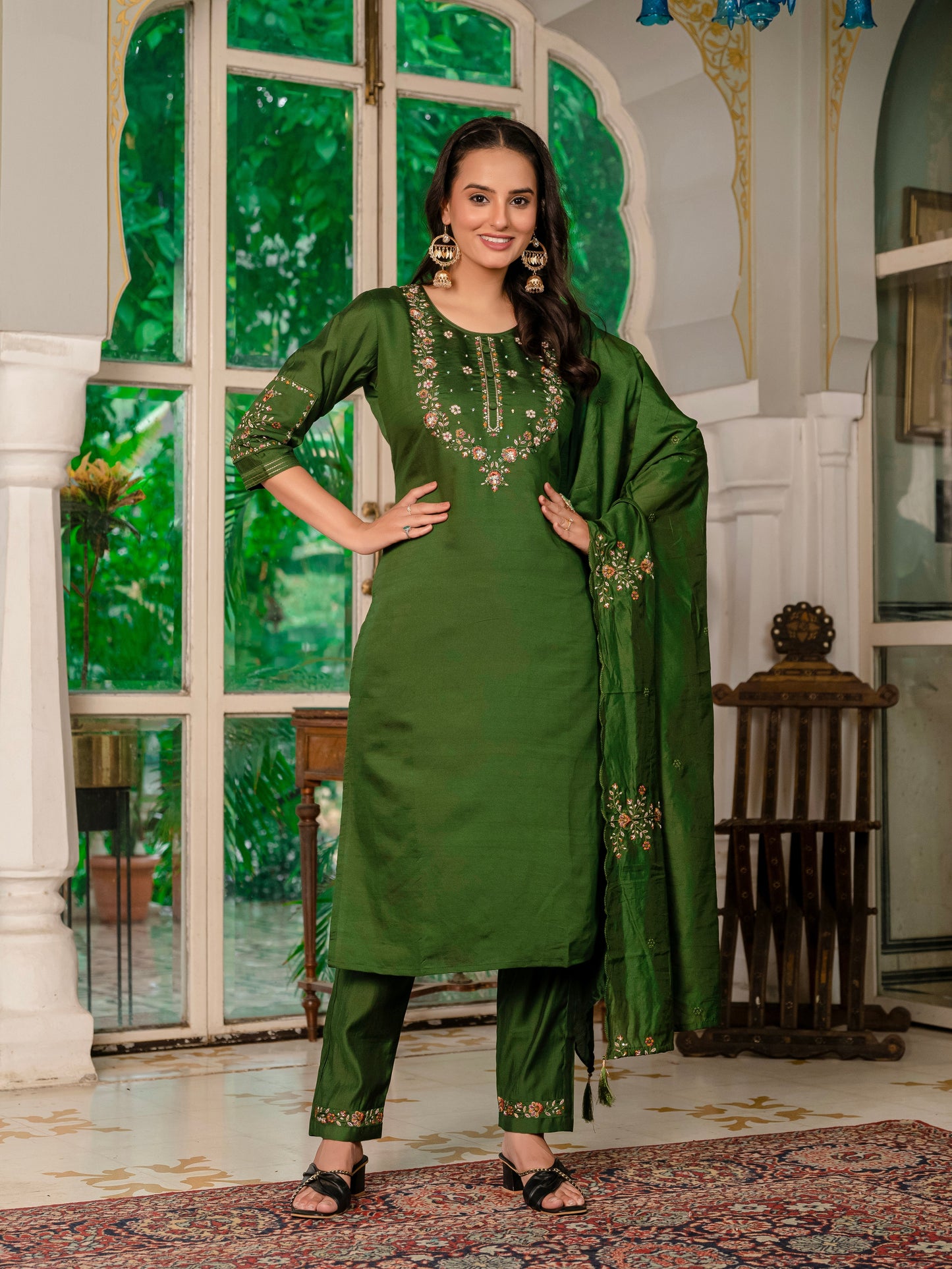 Mehndi Green Embroidered Marina Silk Suit Set with Maslin Dupatta