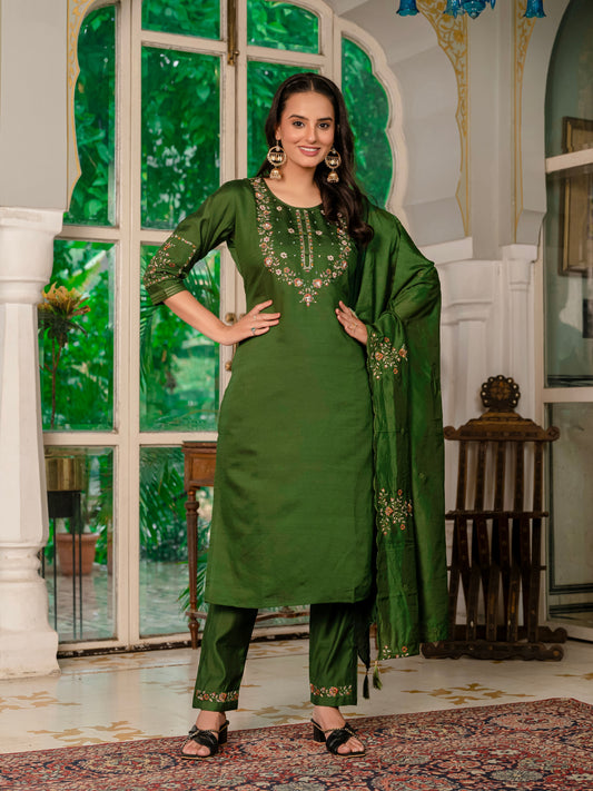 Mehndi Green Embroidered Marina Silk Suit Set with Maslin Dupatta