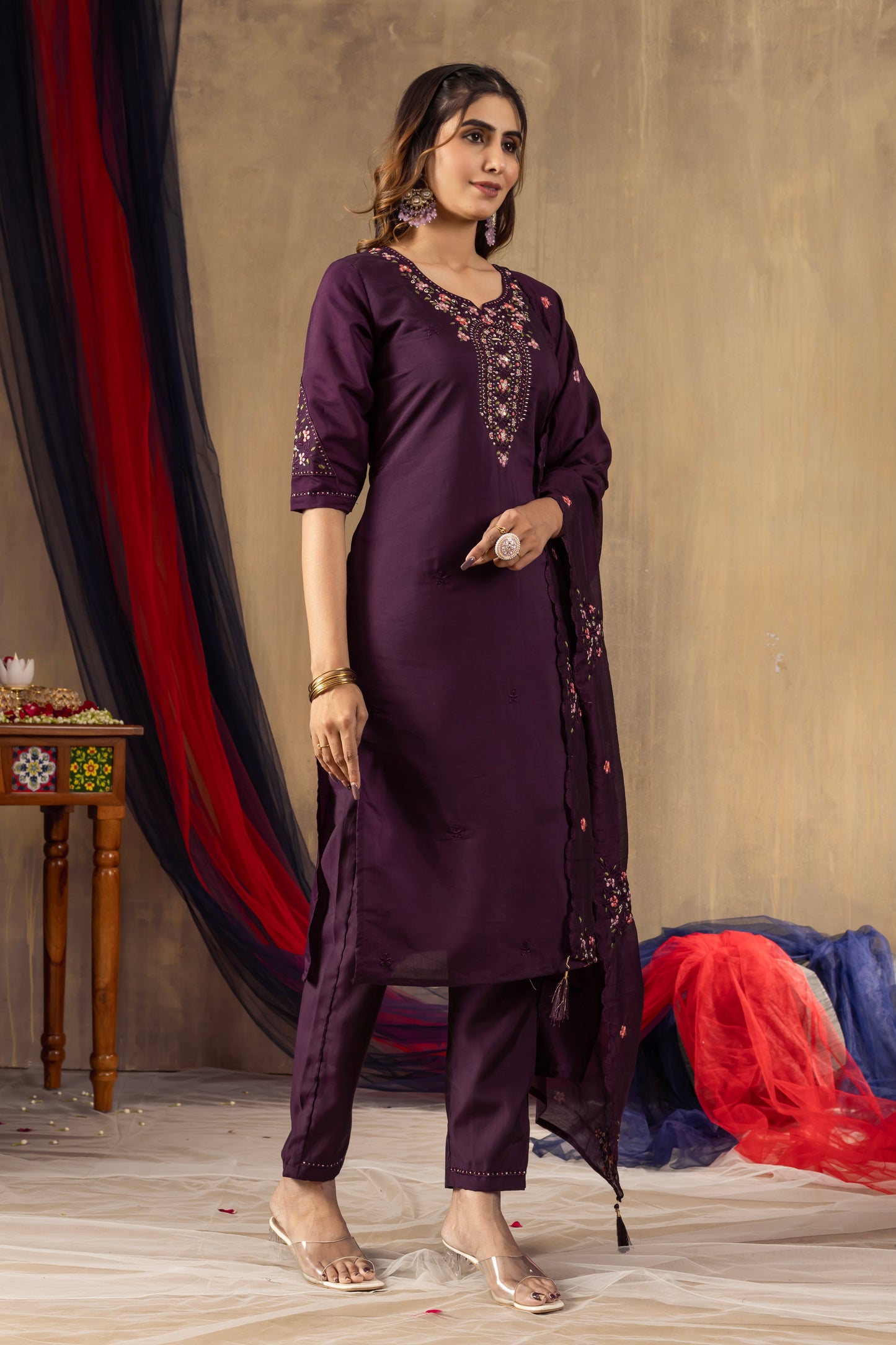 Deep Wine Embroidered Roman Silk Suit Set with Scalloped Chanderi Dupatta