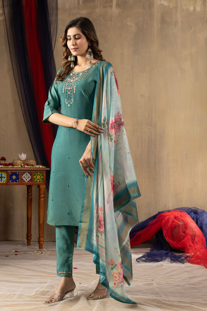 Rama Green Embroidered Shimmer Silk Suit Set with Digital Print Muslin Dupatta