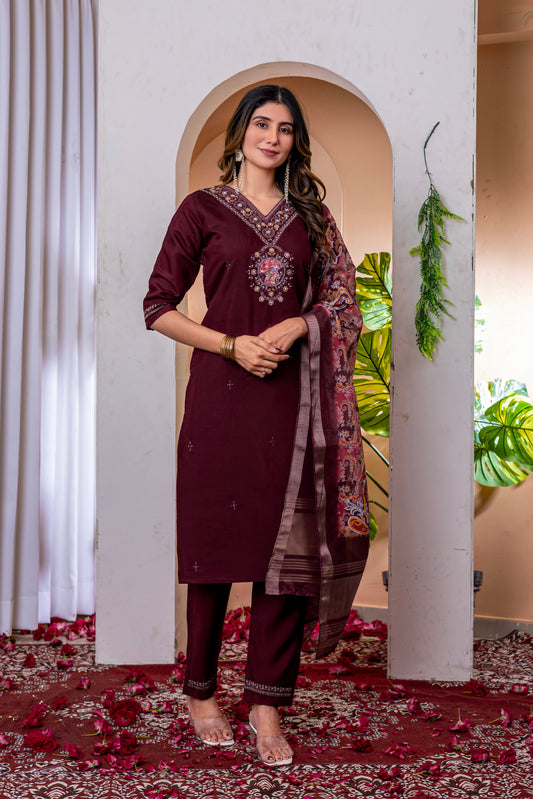 Deep Wine V-Neck Marina Viscose Silk Suit Set with Printed Chanderi Dupatta