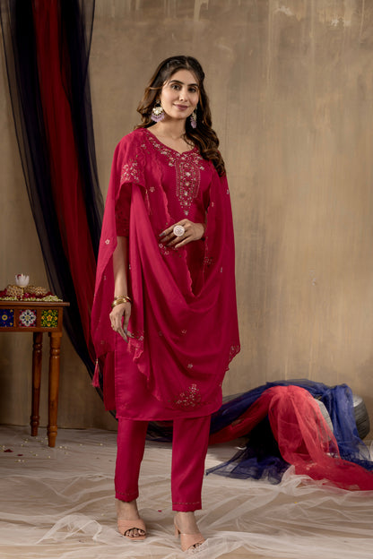 Fuchsia Pink Embroidered Roman Silk Suit Set with Scalloped Chanderi Dupatta