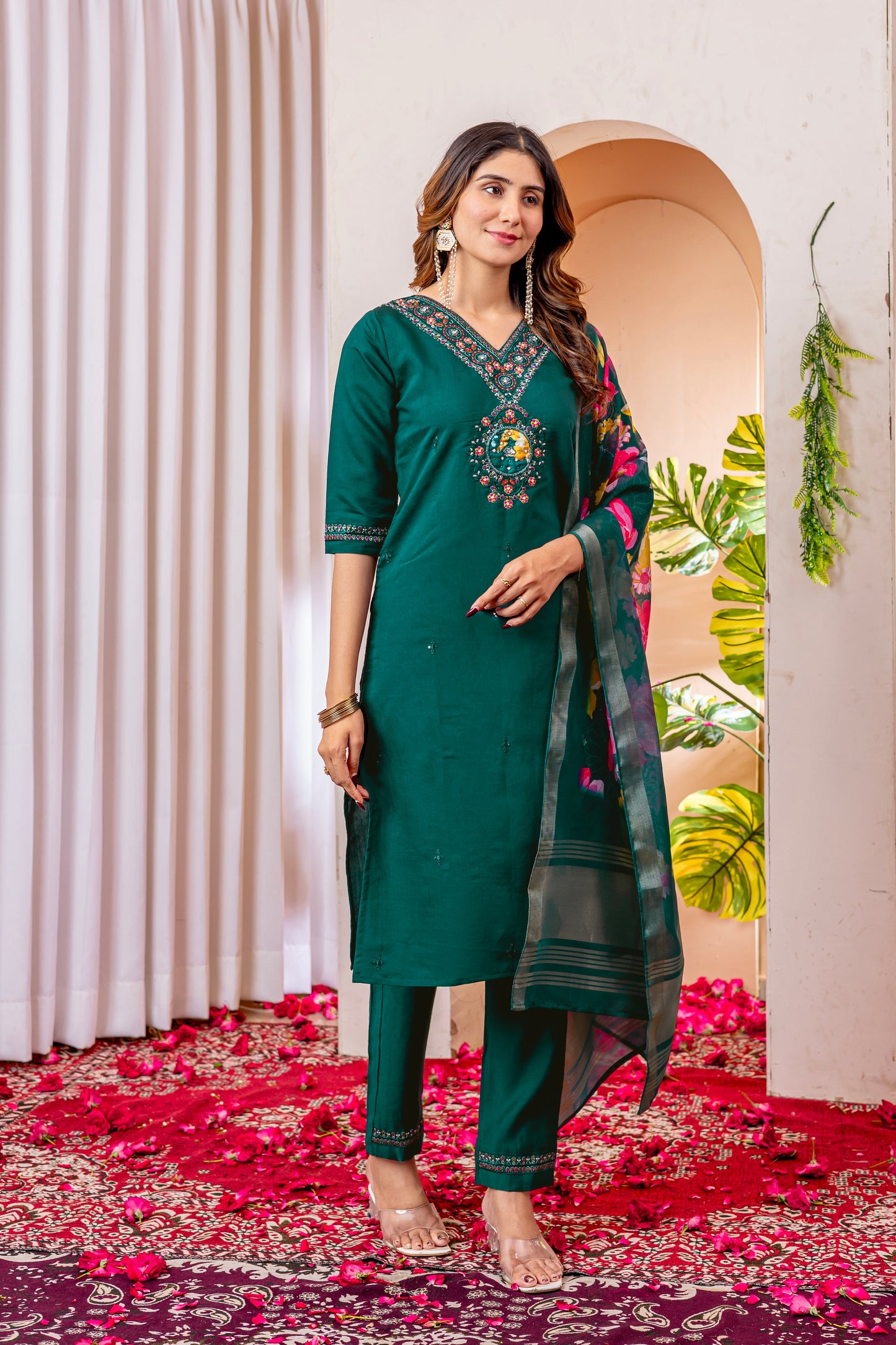 Forest Green Embroidered Marina Viscose Silk Suit Set with Floral Chanderi Dupatta