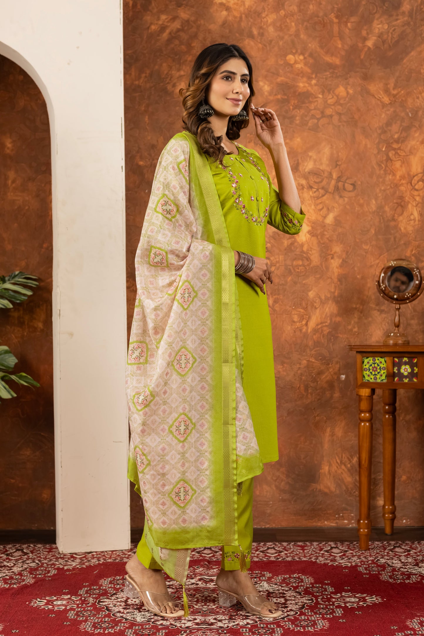 Lime Green Hand Embroidered Marina Silk Suit Set with Muslin Dupatta