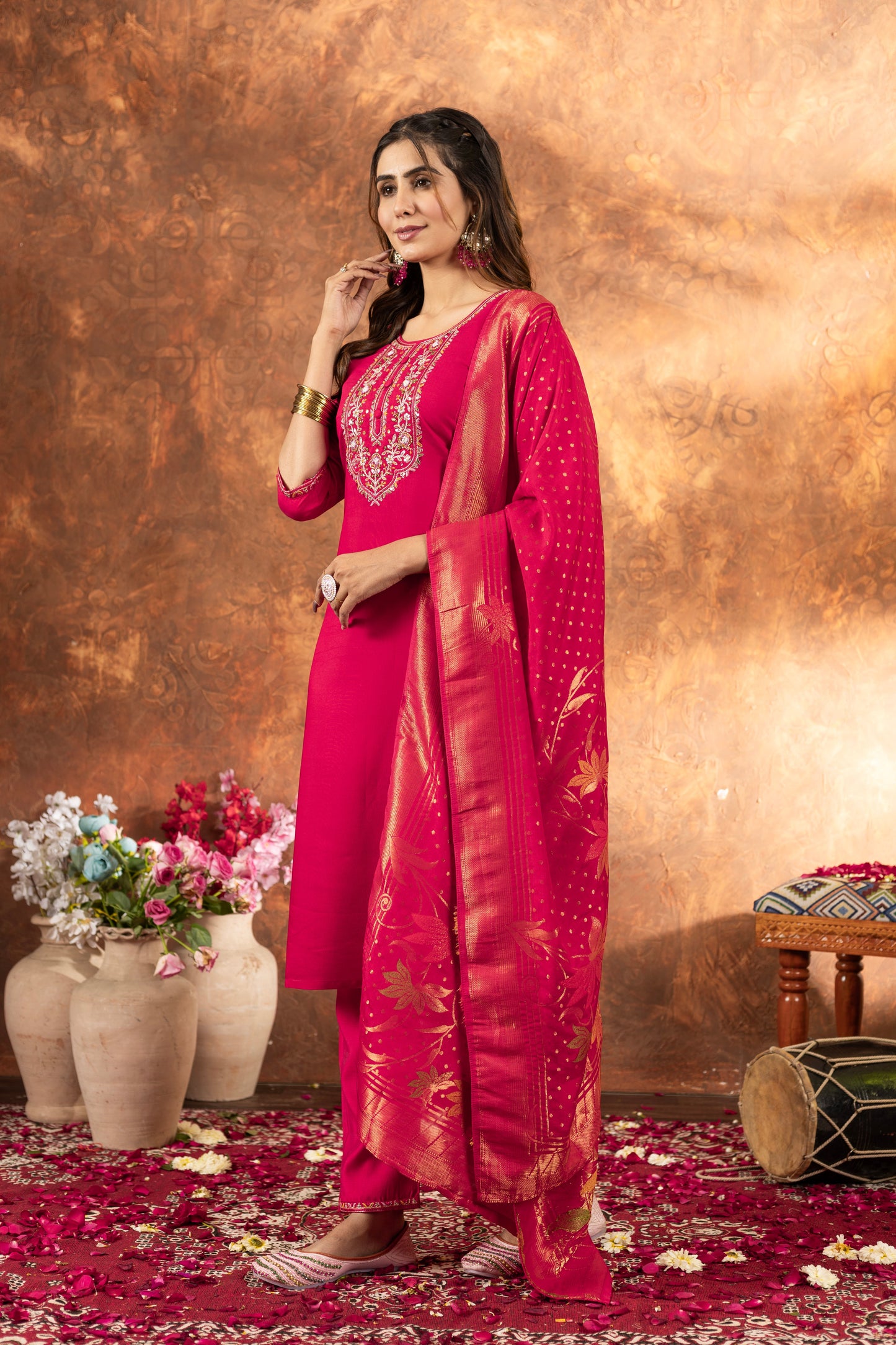 Fuchsia Pink Hand Embroidered Marina Silk Suit Set with Viscose Mina Dupatta