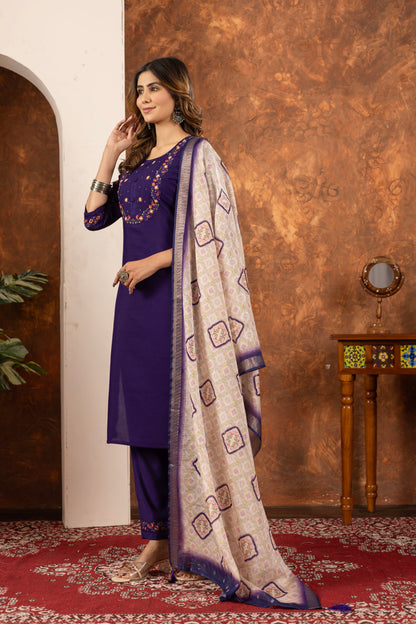Deep Purple Hand Embroidered Marina Silk Suit Set with Muslin Dupatta
