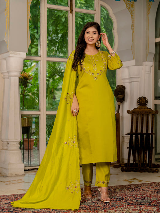 Mustard Yellow Embroidered Marina Silk Suit Set with Maslin Dupatta