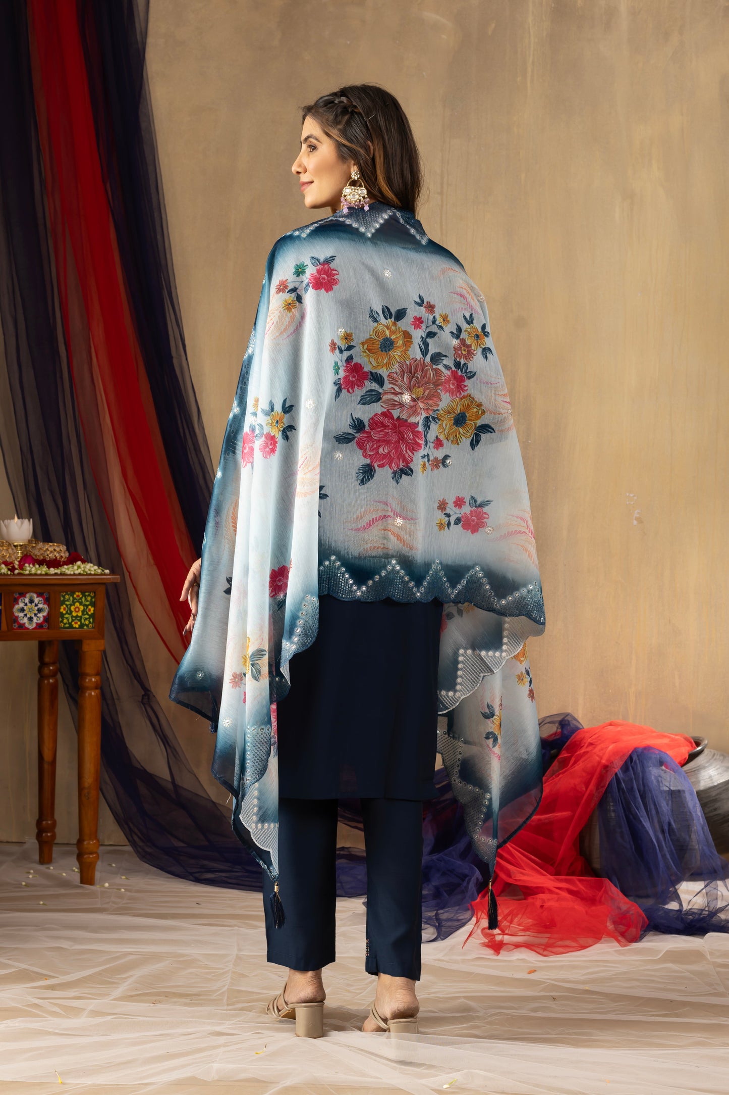 Navy Blue Embroidered Straight Suit Set with Floral Scalloped Dupatta