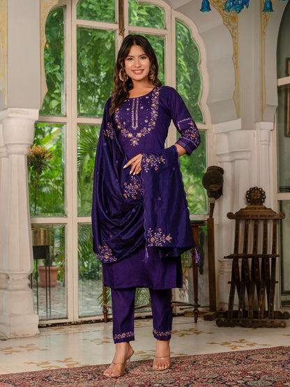Deep Violet Embroidered Marina Silk Suit Set with Maslin Dupatta