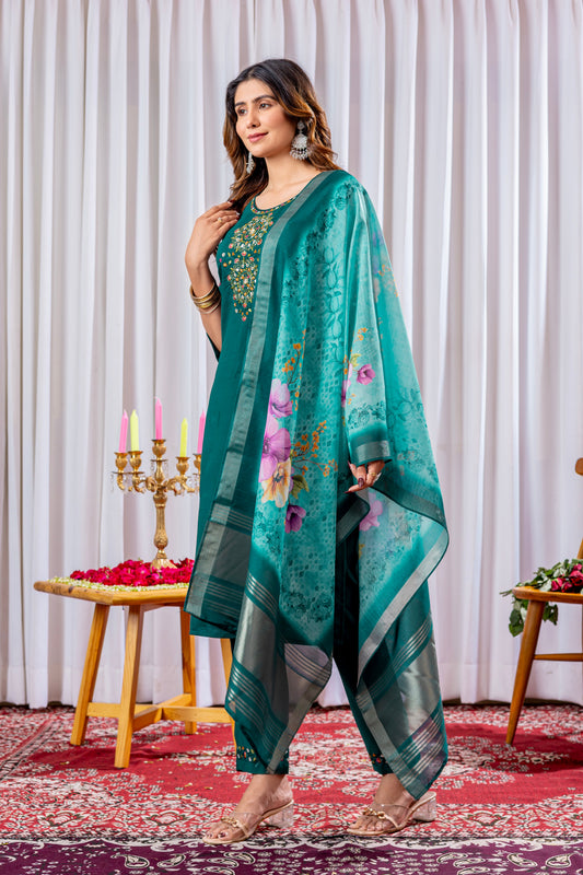 Emerald Green Embroidered Viscose Silk Suit Set with Printed Chanderi Dupatta