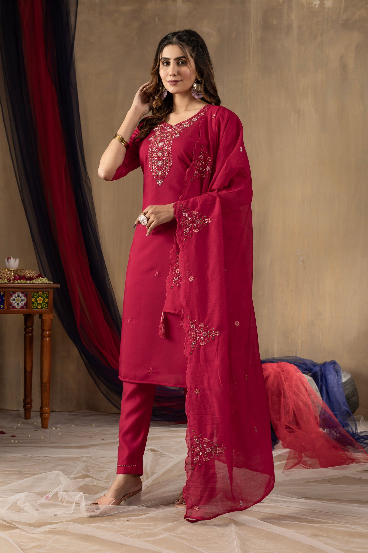 Fuchsia Pink Embroidered Roman Silk Suit Set with Scalloped Chanderi Dupatta
