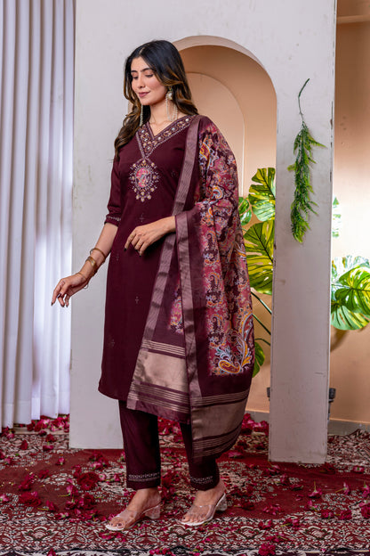 Deep Wine V-Neck Marina Viscose Silk Suit Set with Printed Chanderi Dupatta