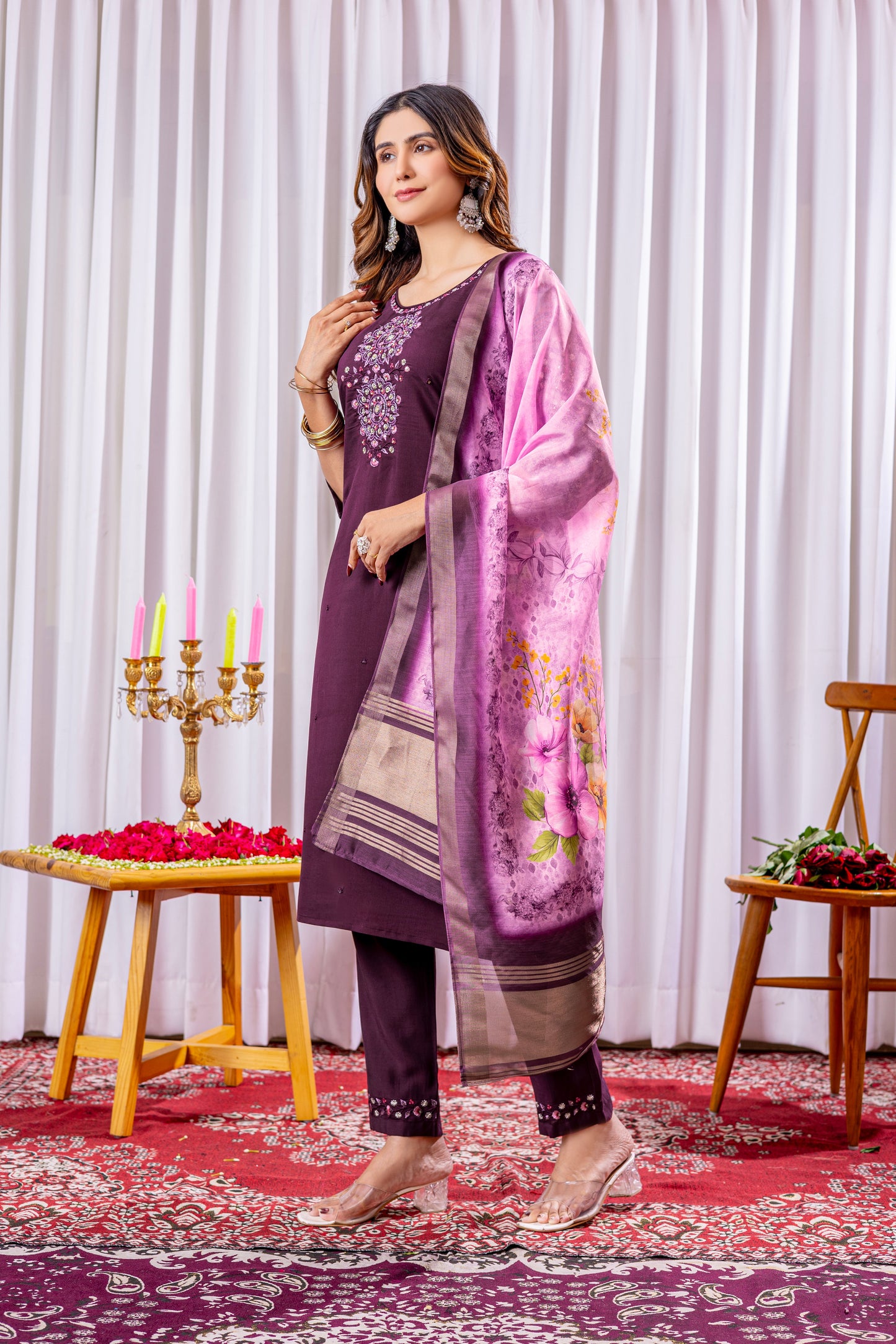 Deep Wine Embroidered Viscose Silk Suit Set with Printed Chanderi Dupatta