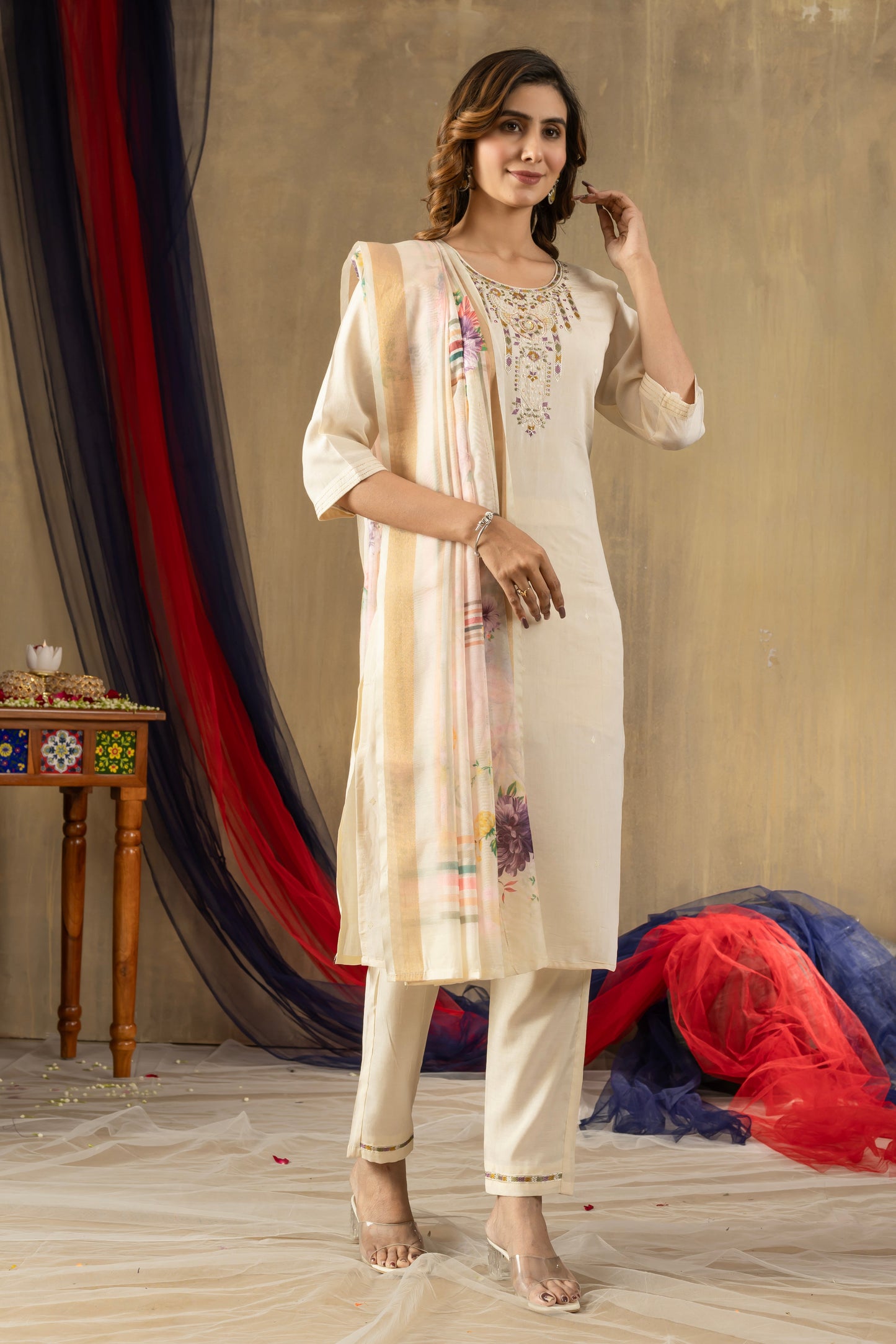 Off-White Embroidered Shimmer Silk Suit Set with Digital Print Muslin Dupatta