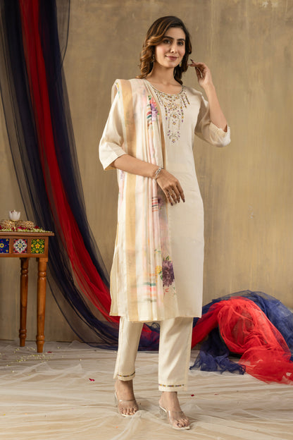 Off-White Embroidered Shimmer Silk Suit Set with Digital Print Muslin Dupatta