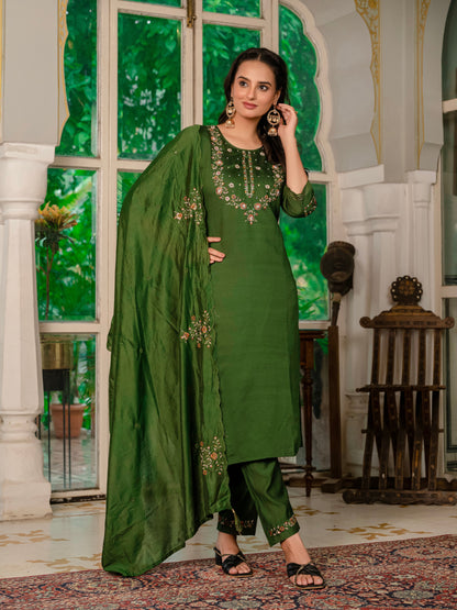 Mehndi Green Embroidered Marina Silk Suit Set with Maslin Dupatta