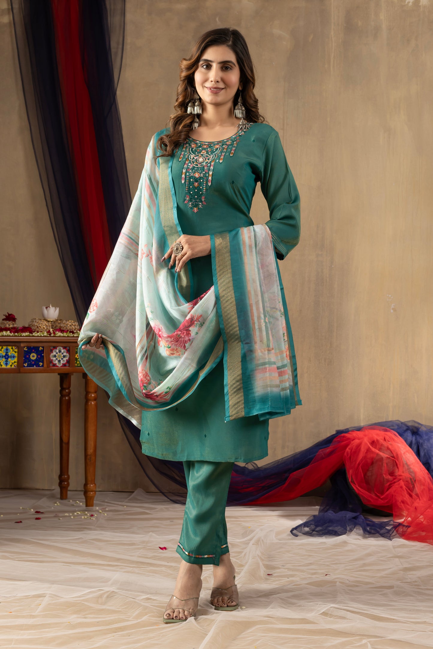 Rama Green Embroidered Shimmer Silk Suit Set with Digital Print Muslin Dupatta