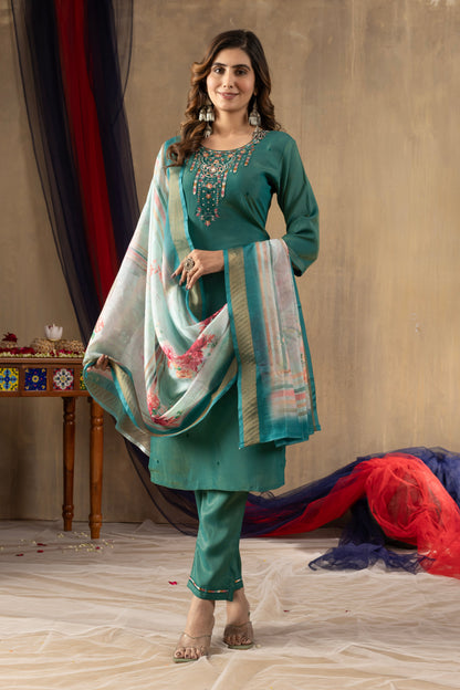 Rama Green Embroidered Shimmer Silk Suit Set with Digital Print Muslin Dupatta