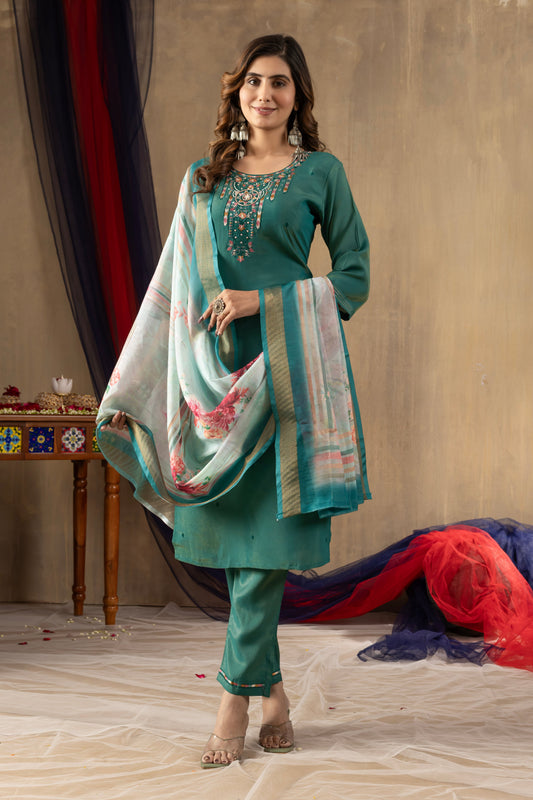 Rama Green Embroidered Shimmer Silk Suit Set with Digital Print Muslin Dupatta