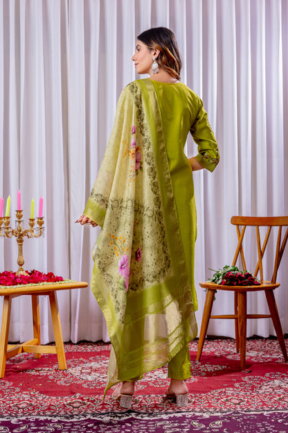 Parrot Green Embroidered Viscose Silk Suit Set with Printed Chanderi Dupatta