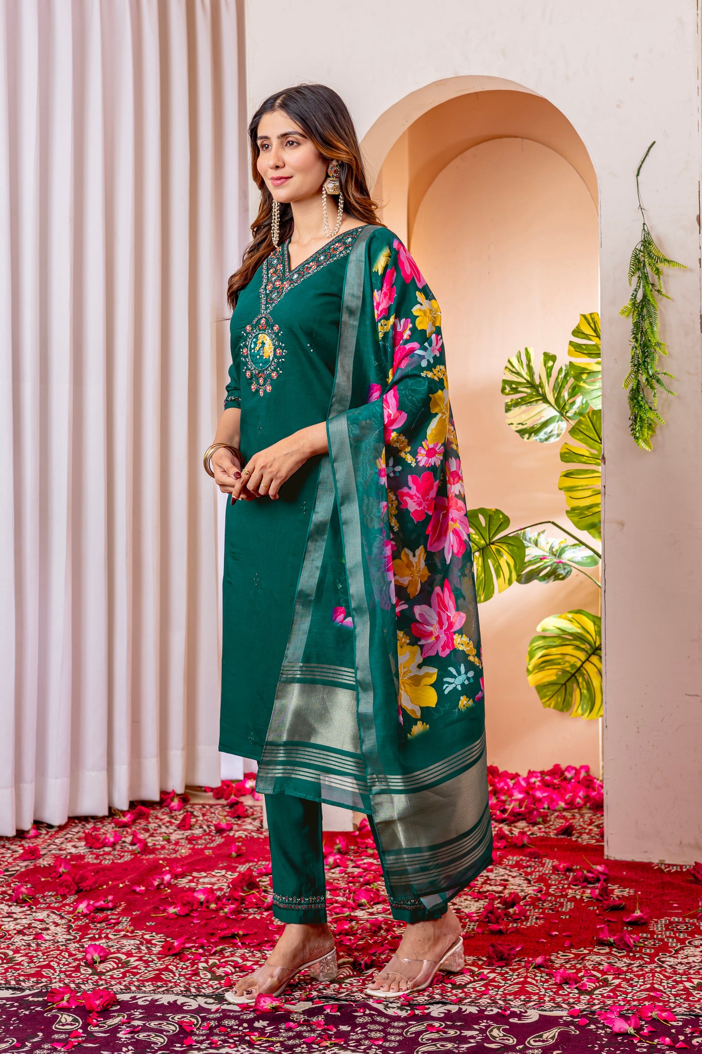 Forest Green Embroidered Marina Viscose Silk Suit Set with Floral Chanderi Dupatta