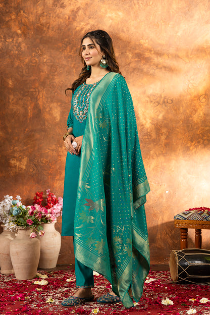 Rama Green Hand Embroidered Marina Silk Suit Set with Viscose Mina Dupatta