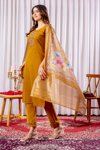 Mustard Yellow Embroidered Viscose Silk Suit Set with Printed Chanderi Dupatta