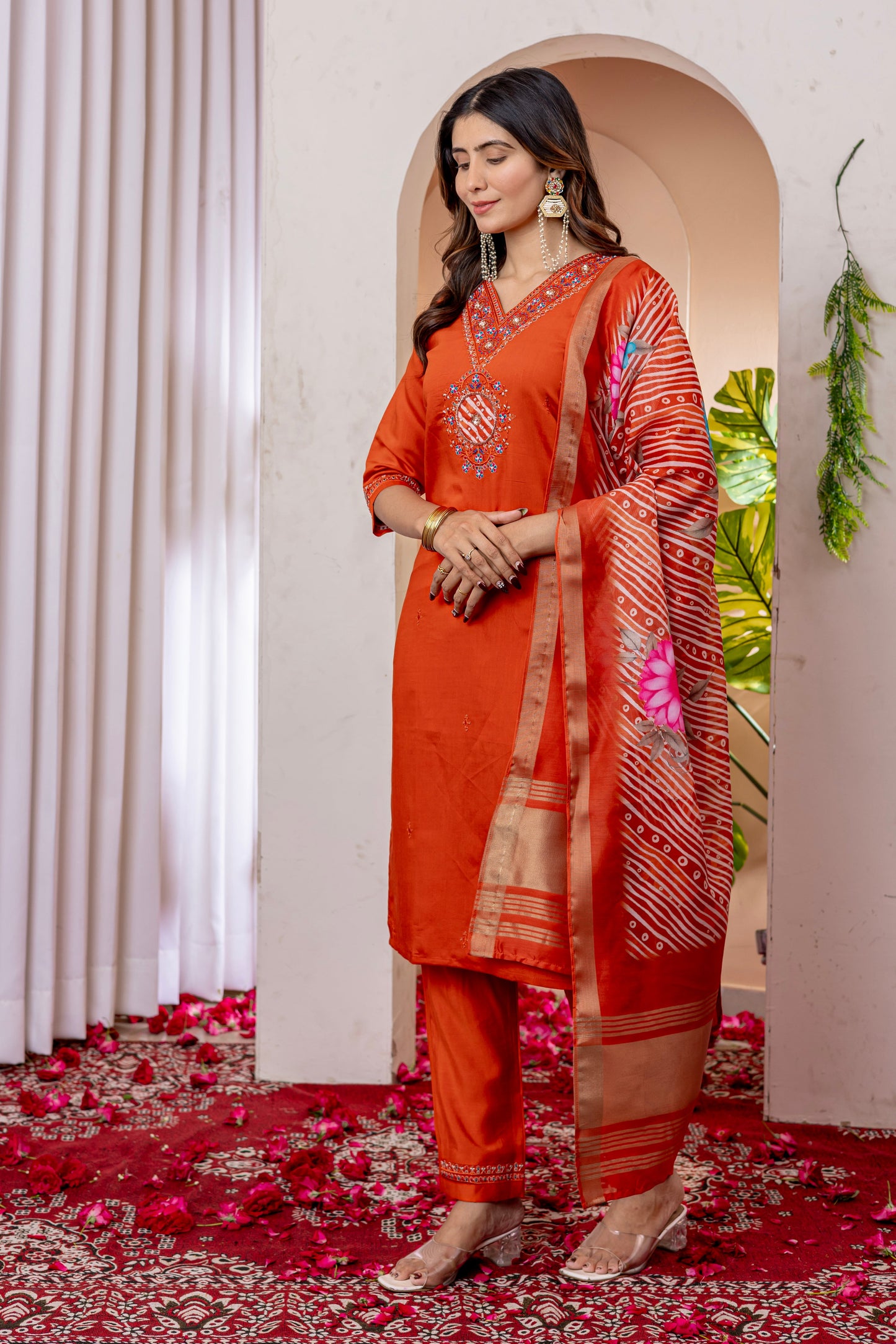 Vibrant Orange V-Neck Marina Viscose Silk Suit Set with Printed Chanderi Dupatta