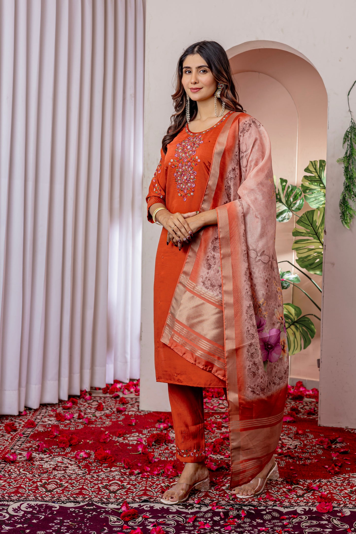 Vibrant Orange Embroidered Viscose Silk Suit Set with Printed Chanderi Dupatta