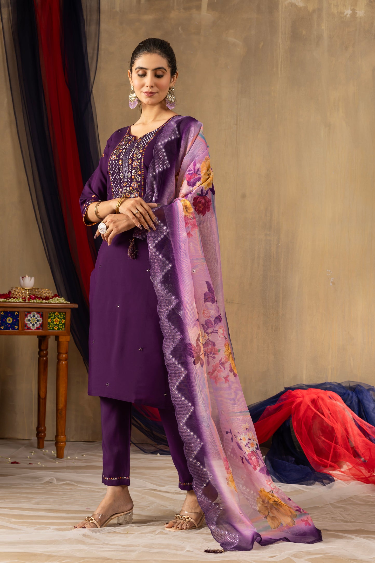 Deep Purple Embroidered Roman Silk Suit Set with Floral Mirror