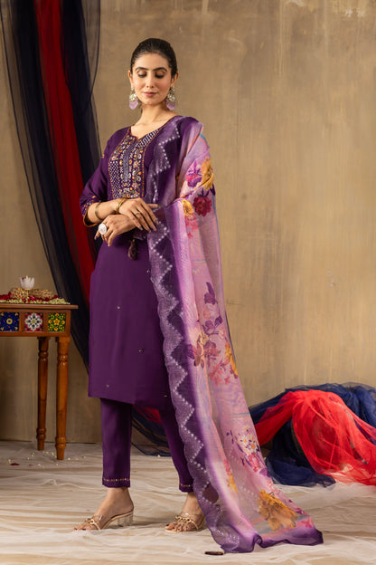 Deep Purple Embroidered Roman Silk Suit Set with Floral Mirror