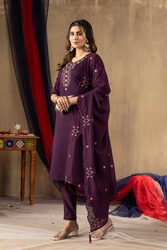 Deep Wine Embroidered Roman Silk Suit Set with Scalloped Chanderi Dupatta